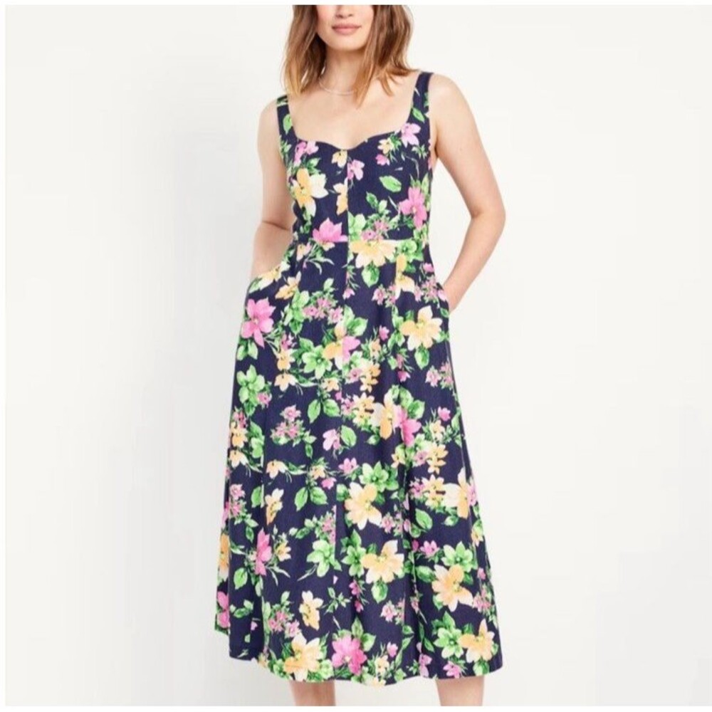 Old Navy Sundress Women Size M Navy Floral Smocked Linen Blend Peasant Boho